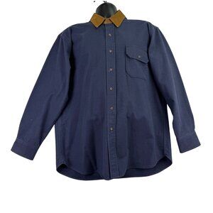 Lands End Navy Cotton Button-Up Shirt W/ Brown Corduroy Collar Workwear